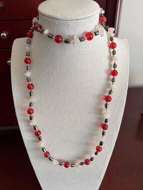 Rose Quartz, Hematite, and Red Glass Necklace